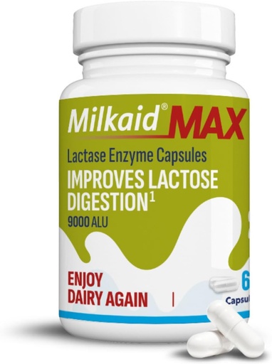 [BRSRAAIFCANGYCLD] Milkaid Max Capsules for Lactose Intolerance Relief with Lactase Enzyme, Dietary Supplement to Help Prevent Gas, Bloating & Diarrhea Due to Lactose Sensitivity | 9000 ALU (60 Capsules, Unflavored)