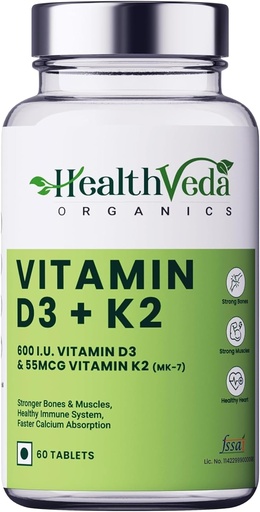 [BRSRAYL5DEBR4YDK] Organics Vitamin D3 (600 IU) + Vitamin K2 as MK7 Supplement (55mcg) | 60 Veg Tablets | Supports Healthy Bones, Boosts Immune System & Joint Health | for Men & Women