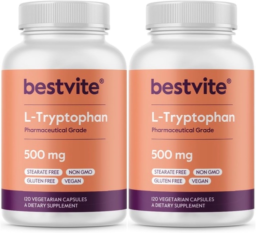 [BRSWGFDQO4IAG3Q6] BESTVITE L-Tryptophan 500mg per Capsule (240 Vegetarian Capsules) (2-Pack) - No Stearates - No Silica - No Gelatin - Vegan - Gluten Free - Non GMO