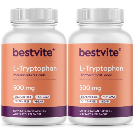 [BRSWGFDQO4IAG3Q6] BESTVITE L-Tryptophan 500mg per Capsule (240 Vegetarian Capsules) (2-Pack) - No Stearates - No Silica - No Gelatin - Vegan - Gluten Free - Non GMO