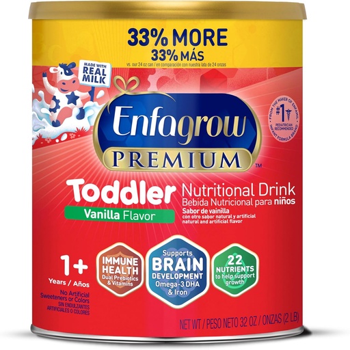 [BRSW2YIYCUNBMHTX] Enfagrow Premium Toddler Nutritional Drink, Natural Vanilla Flavor, Omega-3 DHA for Brain Support, Prebiotics & Vitamins for Immune Health, Non-GMO, Powder Can, 32 Oz (Pack of 1