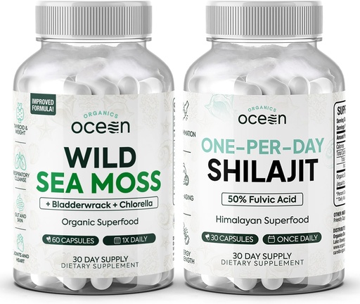 [BRSRAGAZCICGMHQU] Organics Ocean Wild Sea Moss Capsules and One-per-Day Shilajit for Men and Women - 100% Irish Sea Moss and Pure Shilajit Capsules - Thyroid Support for Women and Men