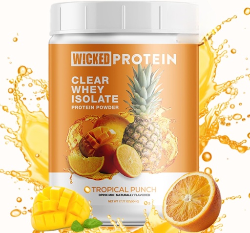 [BRSRMEL4C4IWECTF] WICKED Protein Powder, Clear Whey Isolate, 23g Protein, 95 Calorias, Suco refrescante, Clean Label Project Certified, Gluten Free, Pós-recuperação, Proteína para Mulheres e Homens (Tropical Punch)