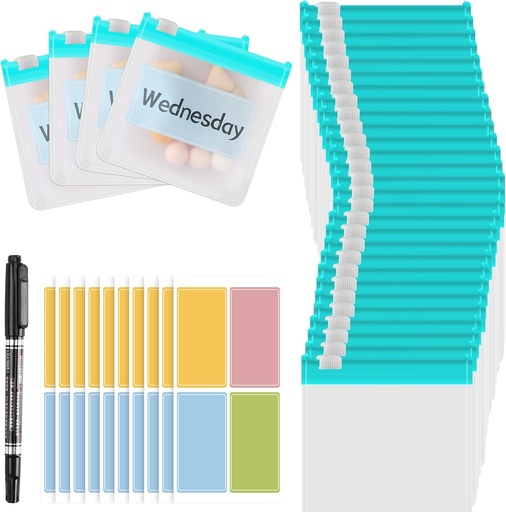 [BRSROBQCAF6Q2D32] MARFOREVER 39 Pcs Pill Pouch Bags, atkārtoti lietojams Medicīna Maisi Pill Muciņas Cipered Medicine Packets Travel Pill Organizators 28 Pcs Plastmasas Pill Bags ar slide Lock 10 lapas Etiķetes un 1 Pc Marker