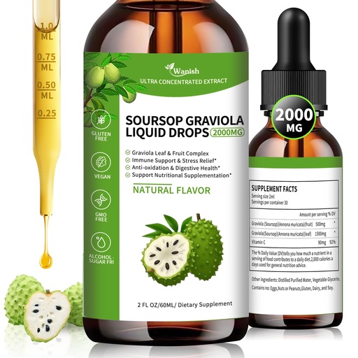[BRSRAYAFOBYGK3LF] Wanish Organic Soursop Graviola Liquid Drop,Sour SOP Bitters Liquid for Cell Support & Regeneration, Immune Boost, Liver and Sleep, Herbal Goodness, Sugar/Gluten Free, Natural Flavor, 2 Fl Oz