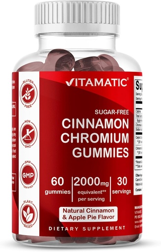 [BRSRMYD2CB7REFLV] Vitamatic Sugar-Free Chromium Gummies with Ceylon Cinnamon – 2000 mg Equivalent Per Serving (from Extract 83 mg) – Non-GMO, Gluten-Free – 60 Vegan Gummies