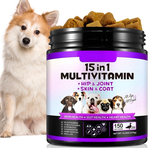[BRSROZY3OQMGAA35] 15-in-1 Dog Multivitamin Supplements with Glucosamine & Probiotics，Natural Daily Vitamins Chews for Dogs,Pet Health Support-Skin-Immunity-Gut Digestion-Joint-Heart,150 Pcs-Duck Flavor