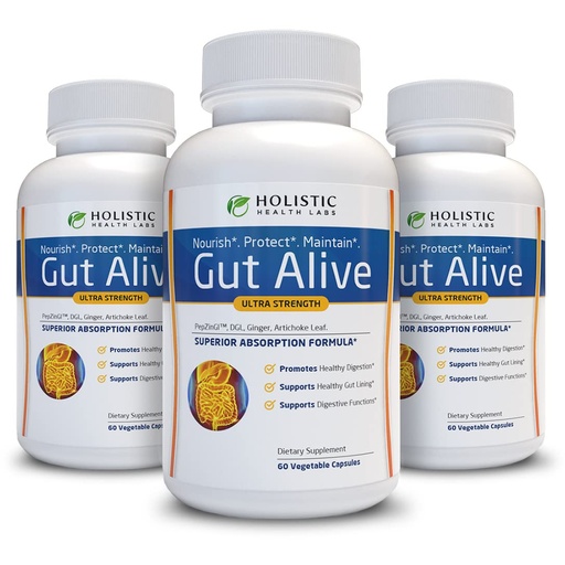 [BRSRMAYBDIIQ2ETH] Holistic Health Labs Gut Alive - All Natural Support to Fight IBS, Heartburn, Acid Indigestion, Acid Reflux, Bloating & Gas. Unique Formulation (60 Count (Pack of 3))