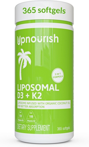 [BRSWYCT5CVYQKFD4] UpNourish Liposomal D3 & K2 MK-7, Advanced Absorption for Optimal Bone and Immune Health, Supplies 5000 IU 125 mcg Vitamin D3 and 100 mcg Vitamin k2 with Organic Coconut Oil, 365 Mini softgels