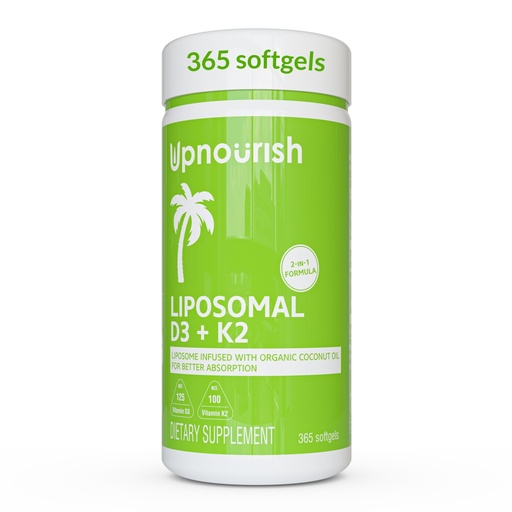 [BRSWYCT5CVYQKFD4] UpNourish Liposomal D3 K2 MK-7 – 365 Mini softgels with Organic Coconut Oil - 5000 IU 125 mcg Vitamin D3 and 100 mcg Vitamin k2 for Optimal Bone and Immune Health