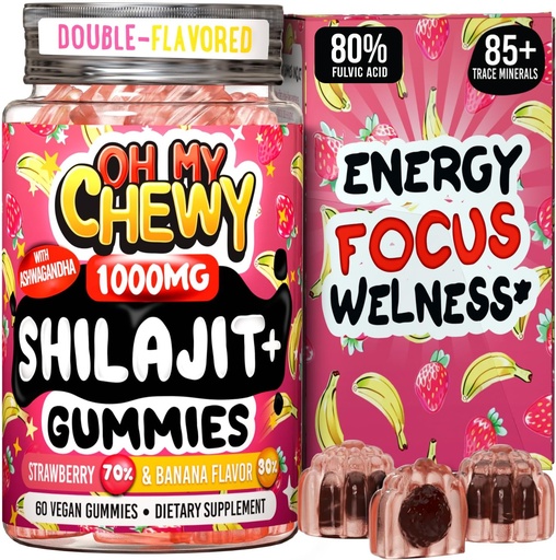 [BRSRAEAQCJ7BMCT2] Pure Himalayan Shilajit Gummies - High Potency Gold Grade Resin - Energy Boost and Immune Support for Men and Women with Ashwagandha and Shatavari - 60 Gummy - Strawberry & Banana