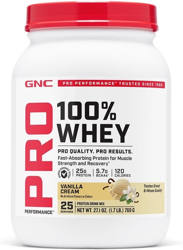[BRSREHQPPMDQOCLB] GNC Pro Performance 100% Whey Protein Powder 2.0, Бързо Абсорбиране за мускулна сила и възстановяване, Ванилия, 25 Сервиз