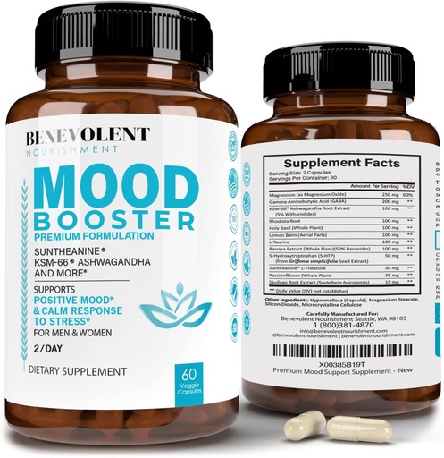 [BRSW2C3RCMFBSYDV] Calm Mood Booster Supplement - Natural Happy Pills for Stress, Sleep & Mood Support - Patenteret KSM- 66 ® Ashwagandha & Suntheanine ® L- Theanine, Rhodiola Rosea, Magnesium - 60 Greve