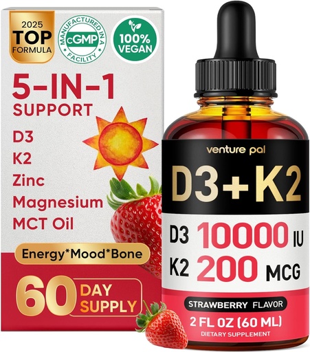 [BRSRAGA3A56BQGTP] Venture Pal 5-in-1 Vitamin D3 10000 IU & K2 as MK-7 200mcg with Magnesium, MCT Oil, Zinc, Sugar-Free Vitamin D Liquid |Maximum Absorption for Bone, Mood & Immune Health - 2 FL OZ, 60 Days