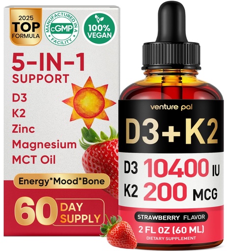[BRSRAGA3A56BQGTP] Venture Pal 5-in-1 Vitamin D3 10000 IU & K2 as MK-7 200mcg with Magnesium, MCT Oil, Zinc, Sugar-Free Vitamin D Liquid |Maximum Absorption for Bone, Mood & Immune Health - 2 FL OZ, 67 Days