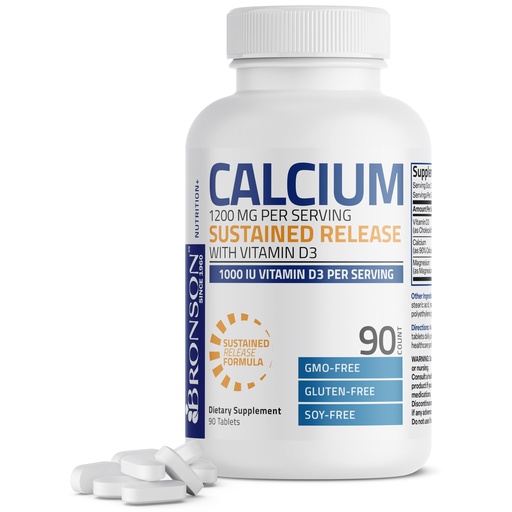 [BRSRAED7OV5A2ETX] Bronson Calcium 1200 MG Per Serving Sustained Release with Vitamin D3 1000 IU Vitamin D3 Per Serving Non-GMO, 90 Tablets