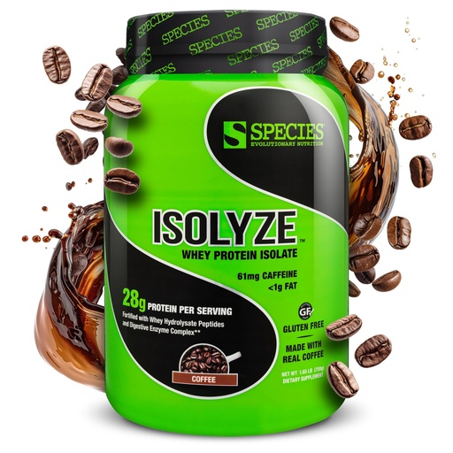 [BRSWYCYRDIOWC33A] Species Nutrition Isolyze Whey Protein Powder, 100% Whey Isolate for Muscle Building, 27.5g Protein Per Scoop, No Sugar & Low Fat (Coffee, 22 Servings)