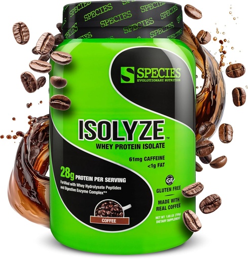 [BRSWYCYRDIOWC33A] Spezies Nutrition Isolyze Whey Protein Powder, 100% Whey Isolate für Muskelaufbau, 27,5g Protein pro Scoop, kein Zucker & Low Fat (Kaffee, 22 Portionen)