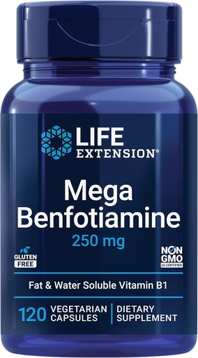 [BRSWIYQGCAABWYD2] Extension života Mega Benfotiamín, 250 mg, rozpustná forma tiamínu, zdravý metabolizmus, ultra- biodostupný vitamín B1, vysoká potencia, bez gluténu, non- GMO, vegetarián, 120 kapsúl