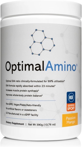 [BRSRAAQHBYMBSF3F] OptimalAmino Amino Acid Powder | 99% Utilized Essential Amino Acid (EAA) Supplement | Pre/Post Workout & Muscle Recovery | NSF for Sport Certified | Passion Mango Flavor