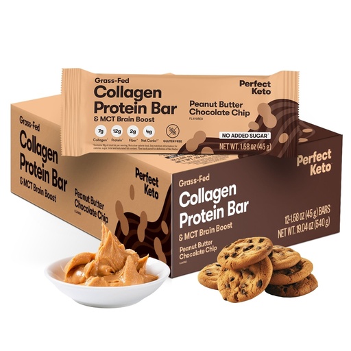 [BRSWYGQ7C4PAMF37] Perfect Keto Collagen Protein Bar, Gluten Free Grass Fed Collagen + MCT Oil, Low Carb, No Sugar Added, High Protein Snacks, Keto Diet Foods, 13g Protein, 18g Fat, 3g Net Carbs, Peanut Butter Chocolate Chip, 12 Bars