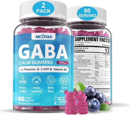 [BRSROED2CECRE3T4] GABA Gummies 500 mg - Gummies de calma sin azúcar con L Theanine, 5-HTP, Vitaminas D3, B12, Ashwagandha, Melatonina-Free for Brain Calm, Mood, Zzz Better, Suplemento GABA para Adulto, Blueberry Flavor, Vegan