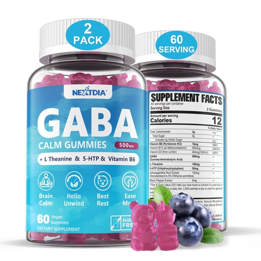 [BRSROED2CECRE3T4] GABA Gummies 500 mg - Sugar-Free Calm Gummies with L Theanine, 5-HTP, Vitamins D3, B12, Ashwagandha, Melatonin-Free for Brain Calm, Mood, Zzz Better, GABA Supplement for Adult, Blueberry Flavor,2 Pack