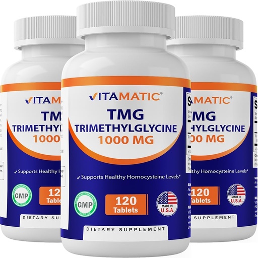 [BRSROCAHOYPWE3DO] Vitamatic TMG Supplements 1000mg - Trimethylglycine - Betaine Anhydrous - 120 Tablets - 120 Servings - Non-GMO & Gluten Free (3 Bottles)