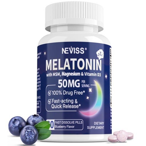 [BRSRMGQHBN7WMH3X] NEVISS Melatonin 50 mg for Adults - Extra Strength 9-in-1 Fast Dissolve Sublingual - High Dose with Magnesium Glycinate, Vitamin D3, Ashwagandha, Lemon Balm, Chamomile, Sugar Free, Vegan,60 Tablets