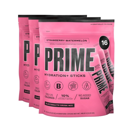 [BRSROFIKAR5BQ23B] PRIME HYDRATION+ Sticks Strawberry Watermelon | Hydration Powder Single Serve Sticks | Electrolyte Powder On The Go | Low Sugar | Caffeine-Free | Vegan | 48 Sticks