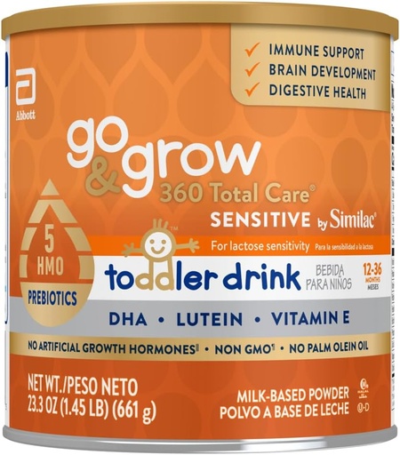 [BRSROGDQDEDRYFLZ] Go &amp; Grow 360 Total Care Sensitive by Similac Toddler Nutritional Drink With 5 HMOs, Powder, 23.3-oz Can