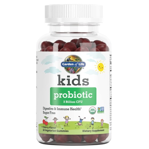 [BRSWGBQHOACRO3DD] Garden of Life Kids Probiotic 3 Billion CFU, Cherry Flavor Gummies - Sugar Free Once Daily Probiotics for Kids, Probiotics plus Fiber for Children's Digestive & Immune Health, 30 Vegetarian Gummies