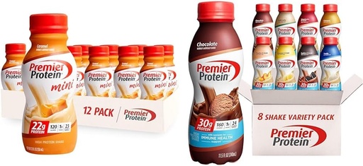 [BRSRAYYYCJYWOH3P] Proteína Premier Shake MINIs Caramel 22g Protein 120 Calorie Pack de 12 & Protein Shake 8 Flavor Variety Pack 30g Proteína 24 Vitaminas e minerais