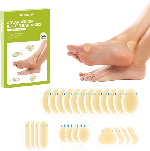 [BRSRAZYYOEFRUYD6] Gel Blister Hydrocolloid Bandage Pads - Bukihome 24 Count Blister Cushions for Foot, Toe, Heel - Water Resistant Bandages, Blister Pads for Prevention & Recovery (Variety Pack)