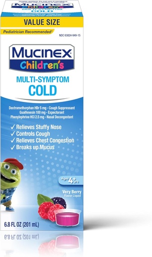 [BRSWI2QADIGQ2ALY] Mucinex Cough Suppresent Chest Congestion and Stuffy Nose Relief Children's Multi-Symptom Cold Liquid, Very Berry, 6.8 Fl Oz (Pack of 1)