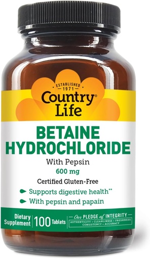 [BRSWIYYLOQAQACI5] Country Life Betaine Hydrochloride with Pepsin, 600mg, 100 Tablets, Certified Gluten Free