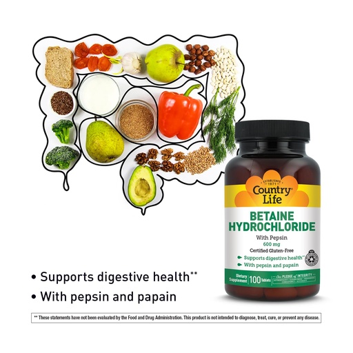 [BRSWIYYLOQAQACI5] Country Life Betaine Hydrochloride with Pepsin, 600mg, 100 Tablets, Certified Gluten Free