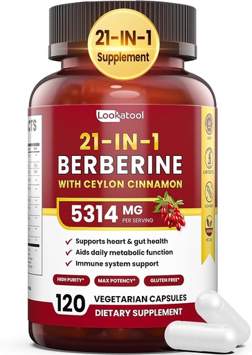 [BRSRAFAQPJYRQFLJ] 21-in-1 Berberine Supplement with Ceylon Cinnamon - 1500mg Organic Berberine HCL Phytosome, 5X Higher Absorption for Metabolism Support 100 Capsules