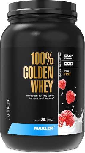 [BRSWK2Y2OF6WAE36] Maxler 100% Golden Whey Protein - 23g of Protein per Serving - Premium Whey Protein Powder for Pre Post Workout - Fast-Absorbing Whey Concentrate, Isolate & Hydrolysate Blend - Strawberry Cream 2 lb