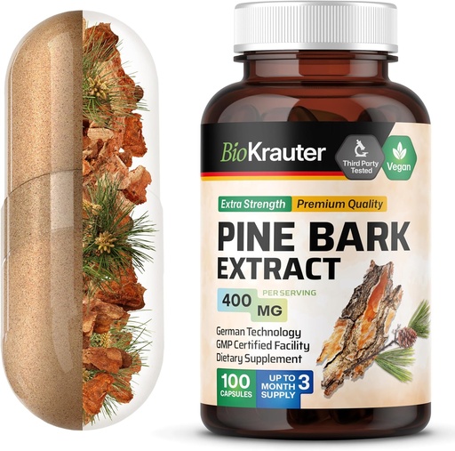 [BRSWGBD3CMDRQGT3] BIO KRAUTER Pine Bark לחלץ קפסולות 400 מ"ג - 100 Count - Antioxidant תוסף - 95% Proanthocyanidins - Pine Bark תוסף - טבעוני, No Fillers
