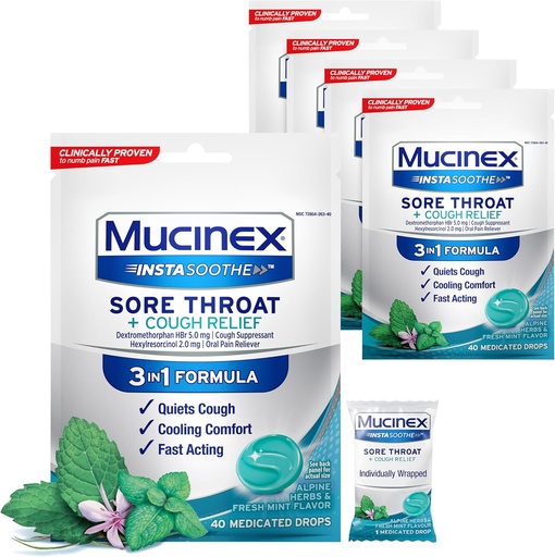 [BRSW2AIOCMPQE2QV] Mucinex Instasoothe Sore Throat + Cough Relief Alpine Herbs & Mint Flavor, Szybkie aktorstwo, Cooling Comfort, Potężny ból gardła Oralny Reliever, 40 Krople medyczne (40 Count (Pack of 5))