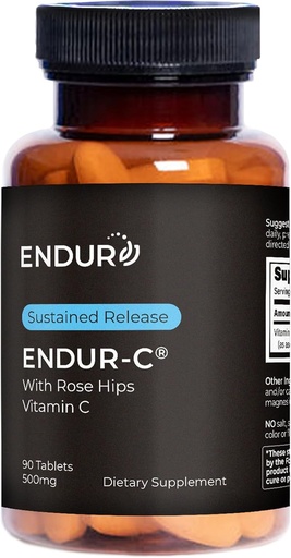 [BRSRMGQCAQNA2YLG] Endur ENDUR-C Vitamin C with Rose HIPS, Supports Collagen Production, Antioxidant Protection & Gentle Digestion, Gluten Free, 500mg (90 Tablets)