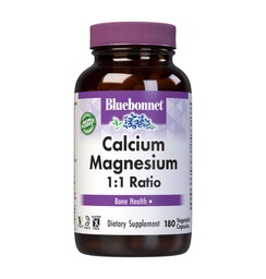 Bluebonnet Calcium Magnesium 250 mg 1:1 Ratio Daily Bone Health Vegan Calcium Supplements for Women & Men - Non-GMO, Kosher, Gluten-Free, Soy-Free, Dairy-Free Bone Supplement - 180 Vegetable Capsules