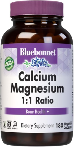 [BRSWIYQTPJ5GODQV] BlueBonnet Calcio Magnesio 1:1 Ratio Capsule Vegetariani, 180 Conte, Bianco