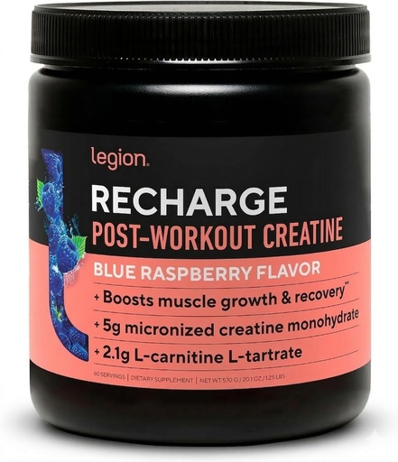 [BRSW2YL2BEORGC34] Legion Recharge Post Workout Supplement - All Natural Muscle Builder & Recovery Drink With Micronized Creatine Monohydrate. Naturally Sweetened & Flavored, Safe & Healthy. (Blue Raspberry, 60 Serving)