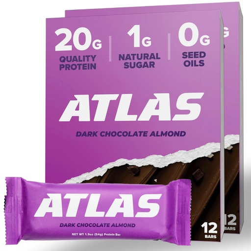 [BRSRMYYCAAORSC3H] Atlas Protein Bar, 20g Protein, 1g Azúcar, Ingredientes Limpios, Gluten Free, Almendro de Chocolate Oscuro (12 Conde, Pack of 2)