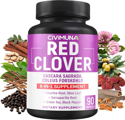 [BRSRMFAECN5QOCT4] Red Clover Capsules with Red Clover, Cascara Sagrada Bark, Coleus Forskohlii - 90 Capsules for 3 Months Supply