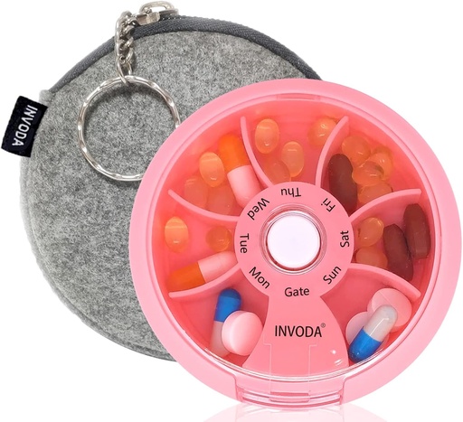 [BRSRM2T3AEJWGYDV] INVODA Weekly Pill Organizer 7 Compartiment Pill Box rotative pour les médicaments quotidiens et les vitamines - Portable Travel Pill Case Suppléments d'huile de poisson Organisateur de vitamines (Pink+Bag)