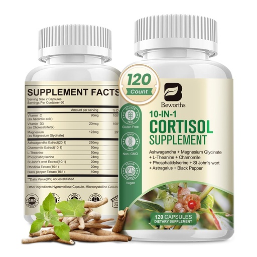 [BRSRAGD6OQNRO33V] B BEWORTHS Cortisol Supplements for Women Men, 10-in-1 Cortisol Detox with Ashwagandha, Magnesium, L-Theanine, Balanced Cortisol Levels, Night & Calm Support, 120 Vegan Capsules