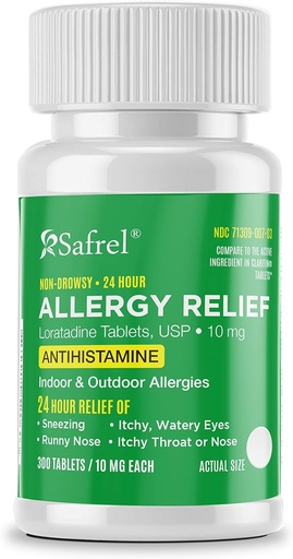 [BRSWYFABDICRGA3P] Safrel Allergy 10mg Tablet nomor 124. bukan-Drowsy 24 Hour Relief Medicine 134; Antihistamin Dukungan untuk Runny Nose, Sneezing, Itchy, Watery Eyes (300 Count (Paket 1)